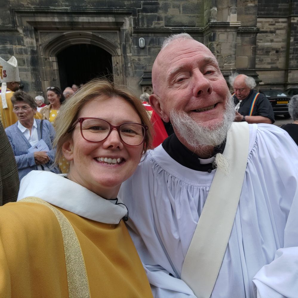 Newly ordained Bob wearing his deacon stole with Revd Wendy