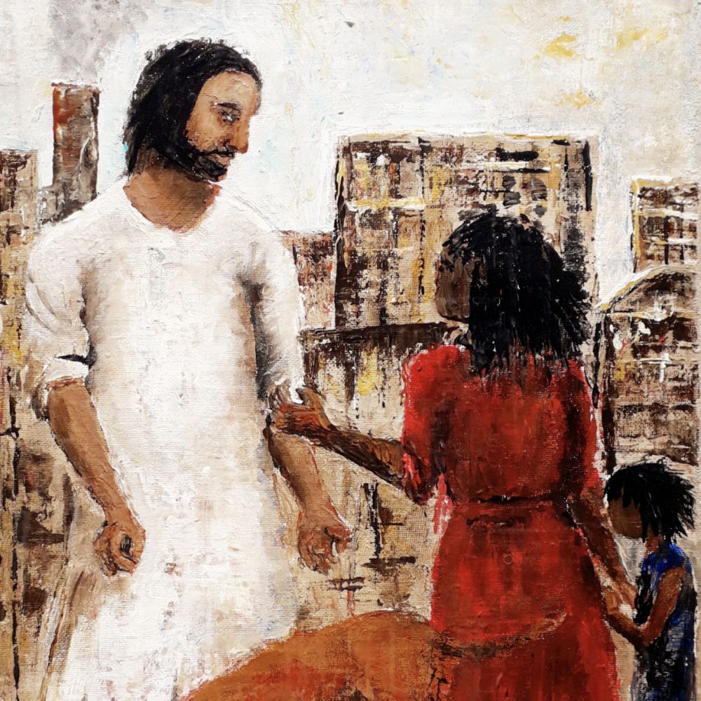 Jesus and the Canaanite woman holding the hand of her ill child